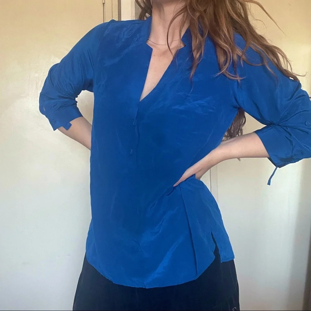 100% Silk Designer Mason Cobalt Blue Blouse Tunic women’s Sz 6 button down